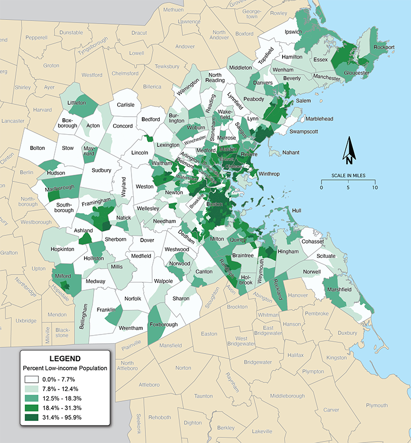 Figure 2a shows the percent of the low-income population living in each Census tract in the Boston MPO region in 2010–14. 